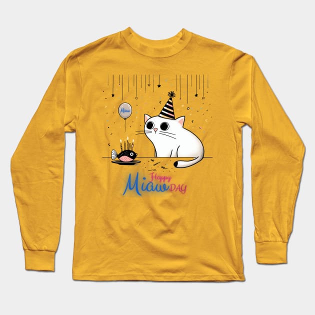 fish cat birthday - happy miaw day Long Sleeve T-Shirt by YuYu